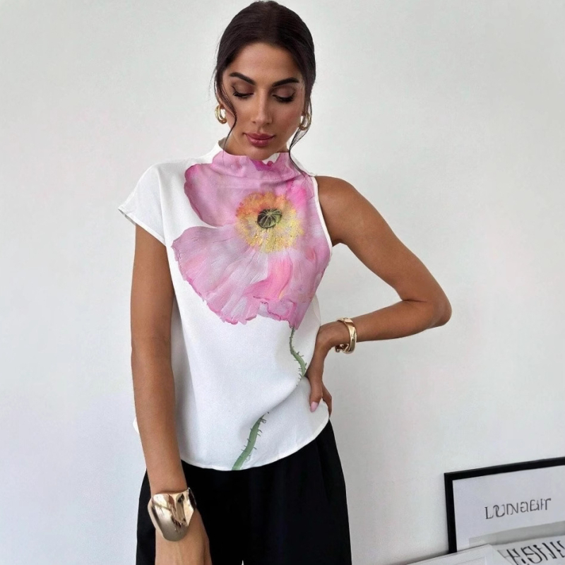 Jellegzetes, félmagas gallérú, divatos, mintás póló, 2024-es téli új divat, szabálytalan vállú, rövid ujjú pulóver felső