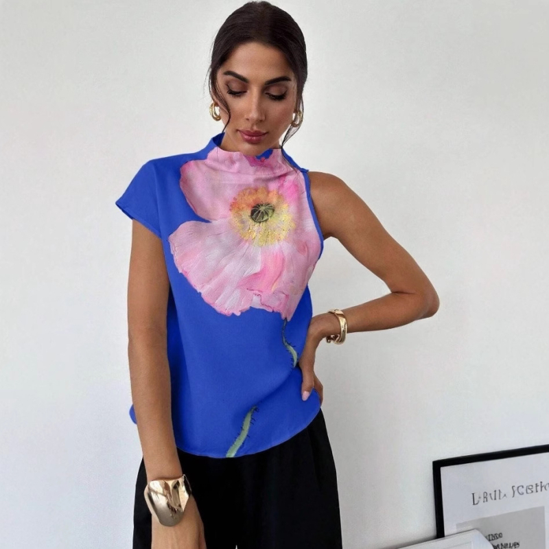 Jellegzetes, félmagas gallérú, divatos, mintás póló, 2024-es téli új divat, szabálytalan vállú, rövid ujjú pulóver felső