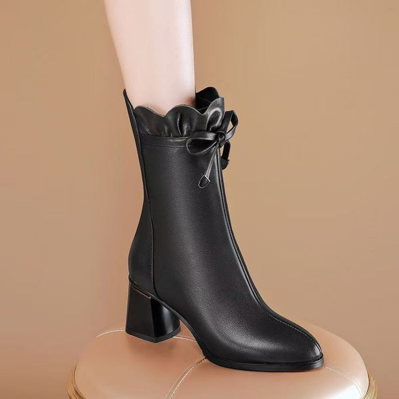 Λευκές μπότες από γνήσιο δέρμα με χοντρό τακούνι στη μέση, γυναικείες μπότες 2024, φθινόπωρο και χειμώνας, νέα άφιξη, με στρογγυλή μύτη, κομψές δερμάτινες μπότες με ψηλοτάκουνο και λεπτό τακούνι σε όλα τα χρώματα.