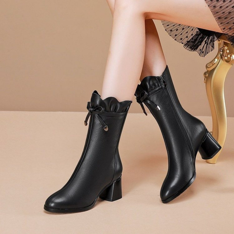 Λευκές μπότες από γνήσιο δέρμα με χοντρό τακούνι στη μέση, γυναικείες μπότες 2024, φθινόπωρο και χειμώνας, νέα άφιξη, με στρογγυλή μύτη, κομψές δερμάτινες μπότες με ψηλοτάκουνο και λεπτό τακούνι σε όλα τα χρώματα.