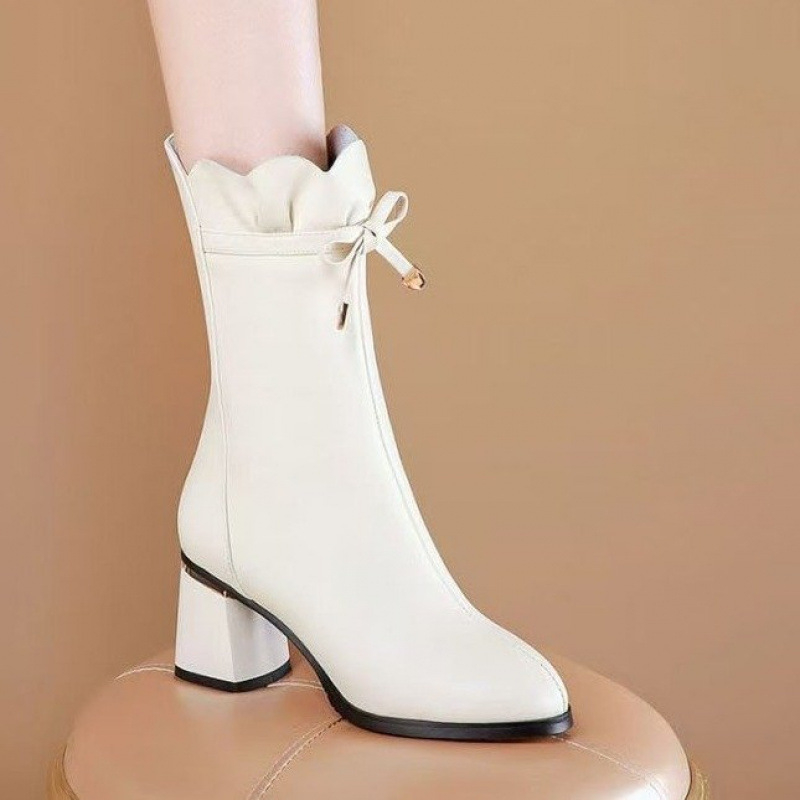 Λευκές μπότες από γνήσιο δέρμα με χοντρό τακούνι στη μέση, γυναικείες μπότες 2024, φθινόπωρο και χειμώνας, νέα άφιξη, με στρογγυλή μύτη, κομψές δερμάτινες μπότες με ψηλοτάκουνο και λεπτό τακούνι σε όλα τα χρώματα.