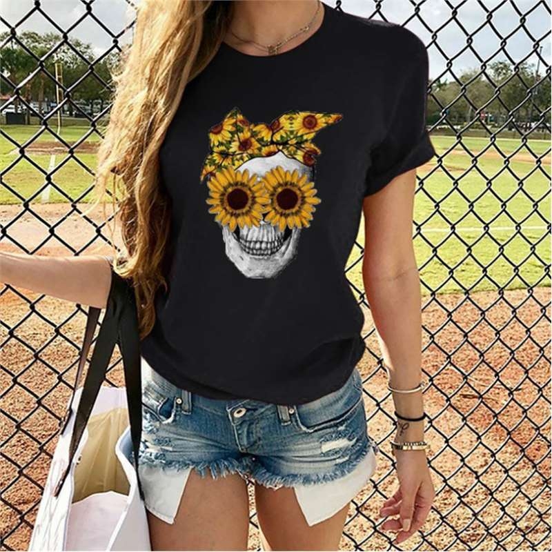 Kreatív Krizantém Napszemüveg Koponya Koponya Mintás Alkalmi Rövid Ujjú Póló Női Felső