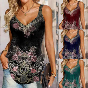 2024 Femei europene și americane Comerț exterior transfrontalier Amazon Independent Station Vara Nou V-neck Sexy Printed Mici Vestă T-shirt