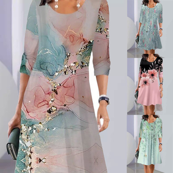 2025 Export Temu határokon átnyúló Amazon független állomás tavaszi és őszi divatos nyomtatott kerek nyakú hosszú ujjú midi ruha