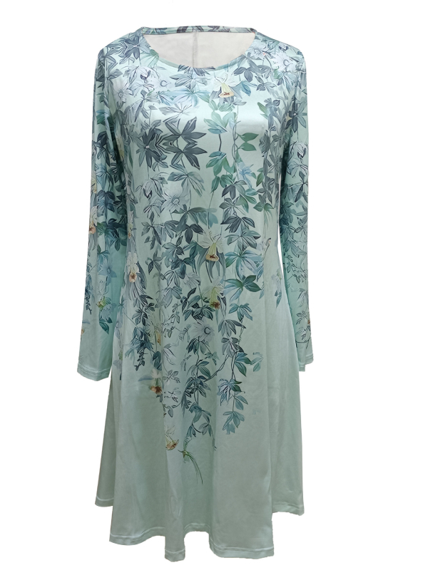 2025 Export Temu határokon átnyúló Amazon független állomás tavaszi és őszi divatos nyomtatott kerek nyakú hosszú ujjú midi ruha