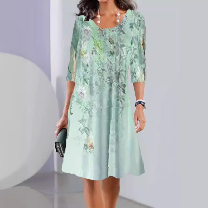 2025 Export Temu határokon átnyúló Amazon független állomás tavaszi és őszi divatos nyomtatott kerek nyakú hosszú ujjú midi ruha