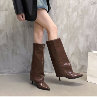 Európai és amerikai stílusú csizmák, hegyes orrú, magas sarkú nadrágcsizmák, őszi és téli internetes hírességek ujjai, tűsarkú cipők, tiszta színű lovag divatos csizmák