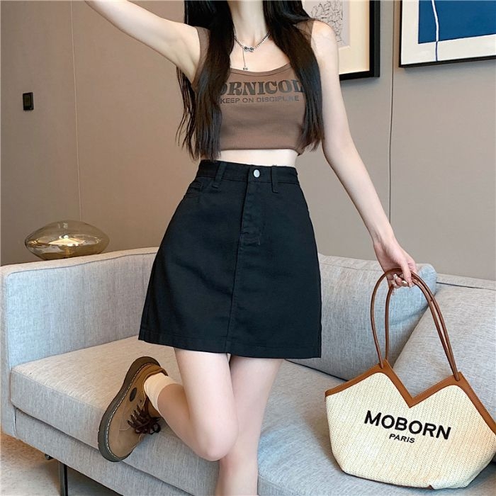 Koreai stílusú retró farmerszoknya női nyári magas derekú, karcsúsított, kis méretű, tükröződésmentes, A-vonalú farmerszoknya