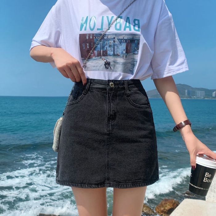 Koreai stílusú retró farmerszoknya női nyári magas derekú, karcsúsított, kis méretű, tükröződésmentes, A-vonalú farmerszoknya