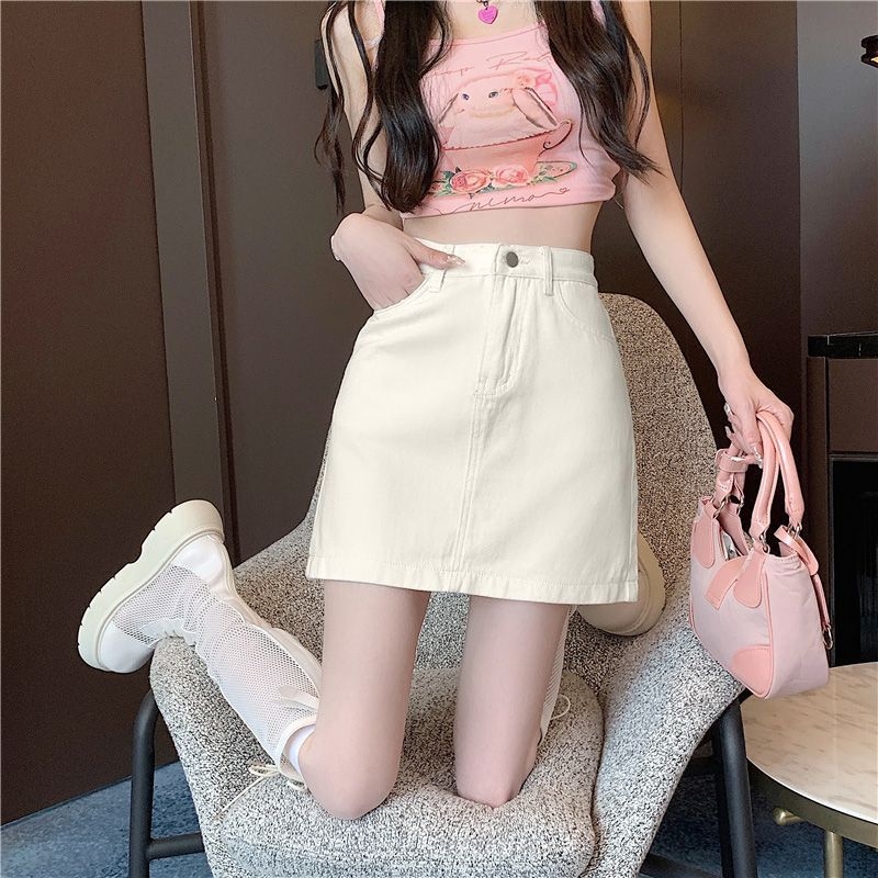 Koreai stílusú retró farmerszoknya női nyári magas derekú, karcsúsított, kis méretű, tükröződésmentes, A-vonalú farmerszoknya