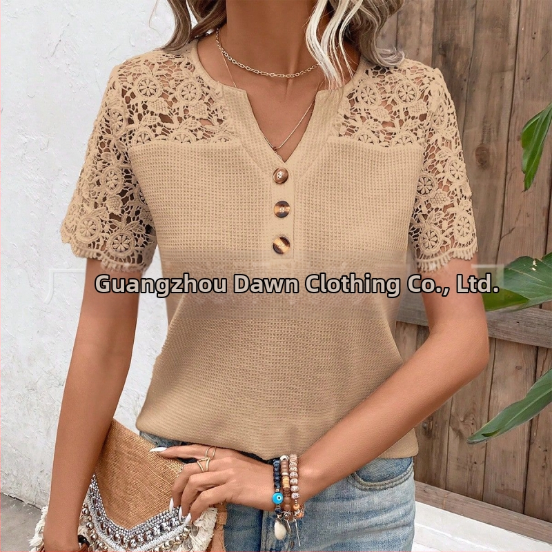 Jarné cezhraničné exportné nezávislé stanice Amazon Wish Európske a americké nové tričko s výstrihom do V a jednoduchým pull-up vzorom