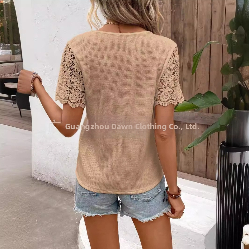 Jarné cezhraničné exportné nezávislé stanice Amazon Wish Európske a americké nové tričko s výstrihom do V a jednoduchým pull-up vzorom