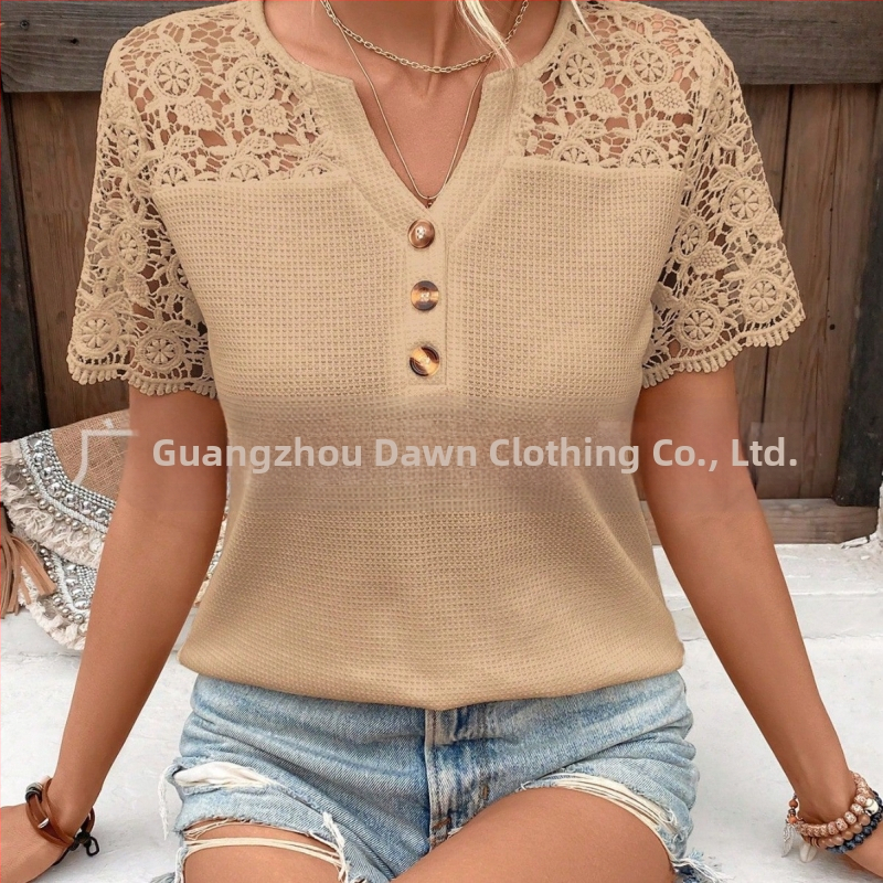 Jarné cezhraničné exportné nezávislé stanice Amazon Wish Európske a americké nové tričko s výstrihom do V a jednoduchým pull-up vzorom