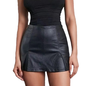 2025 őszi-téli kis bőr szoknya női magas derekú, A-alakú, barna PU rövid szoknya Design Sense Super Fire hasított szoknya