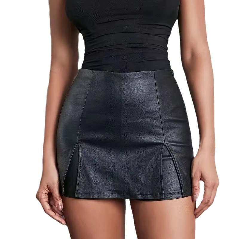 2025 őszi-téli kis bőr szoknya női magas derekú, A-alakú, barna PU rövid szoknya Design Sense Super Fire hasított szoknya