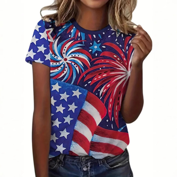 2024Temu határokon átnyúló európai és amerikai 3D nyomtatott pillangós függetlenség napi mintás kerek nyakú laza póló felső lélegző