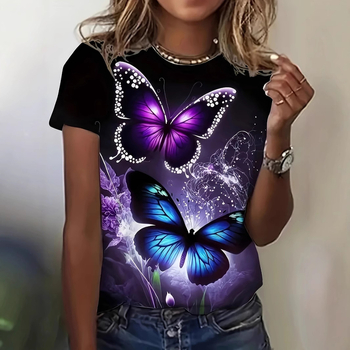 2024Temu határokon átnyúló európai és amerikai 3D nyomtatott pillangós függetlenség napi mintás kerek nyakú laza póló felső lélegző