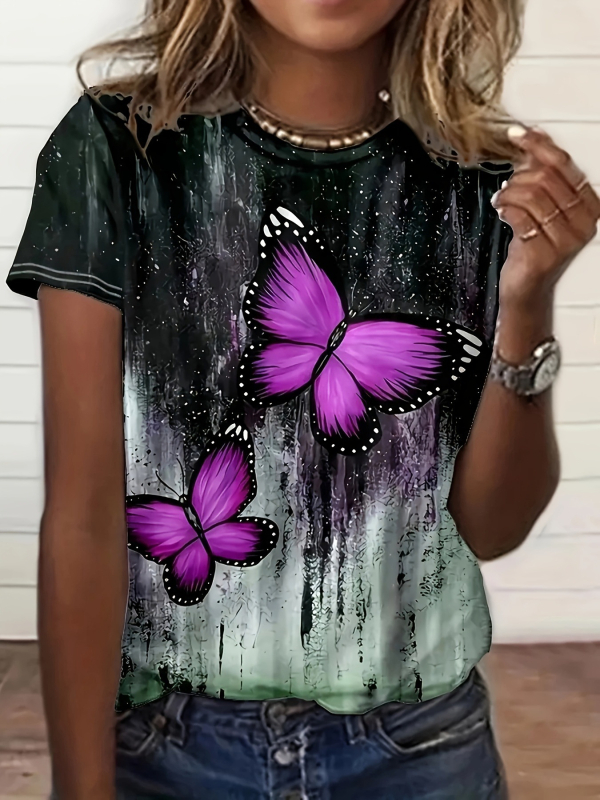 2024Temu határokon átnyúló európai és amerikai 3D nyomtatott pillangós függetlenség napi mintás kerek nyakú laza póló felső lélegző