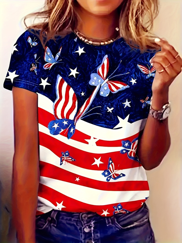 2024Temu határokon átnyúló európai és amerikai 3D nyomtatott pillangós függetlenség napi mintás kerek nyakú laza póló felső lélegző