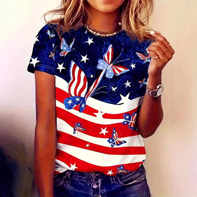 2024Temu határokon átnyúló európai és amerikai 3D nyomtatott pillangós függetlenség napi mintás kerek nyakú laza póló felső lélegző