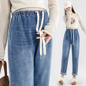 Τζιν παντελόνι χαρέμι σε πέντε χρώματα - 3 για έγκυες γυναίκες με κορδόνι, χαλαρό και ελαστικό, για εξωτερική χρήση.