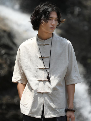 Férfi tang öltöny, divatmárka, retró, fiatalos, kínai stílusú, lenvászon ing, hét ujjú, pamut és lenvászon, kínai állványos gallérral, Zhongshan ing