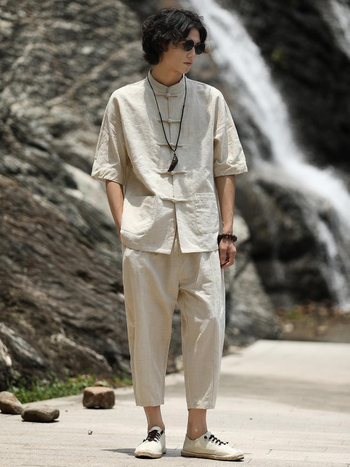 Férfi tang öltöny, divatmárka, retró, fiatalos, kínai stílusú, lenvászon ing, hét ujjú, pamut és lenvászon, kínai állványos gallérral, Zhongshan ing