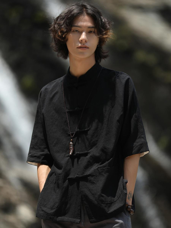 Férfi tang öltöny, divatmárka, retró, fiatalos, kínai stílusú, lenvászon ing, hét ujjú, pamut és lenvászon, kínai állványos gallérral, Zhongshan ing