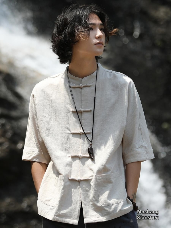 Férfi tang öltöny, divatmárka, retró, fiatalos, kínai stílusú, lenvászon ing, hét ujjú, pamut és lenvászon, kínai állványos gallérral, Zhongshan ing