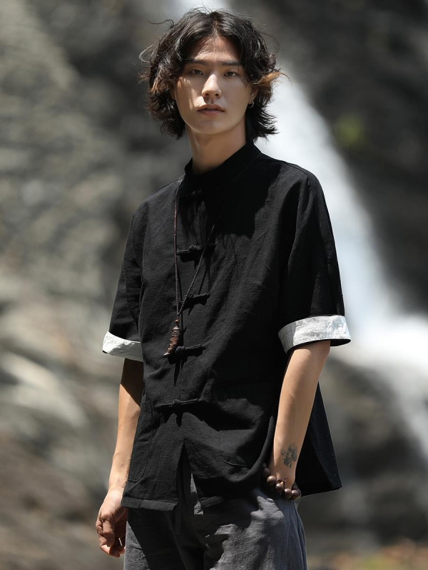 Férfi tang öltöny, divatmárka, retró, fiatalos, kínai stílusú, lenvászon ing, hét ujjú, pamut és lenvászon, kínai állványos gallérral, Zhongshan ing