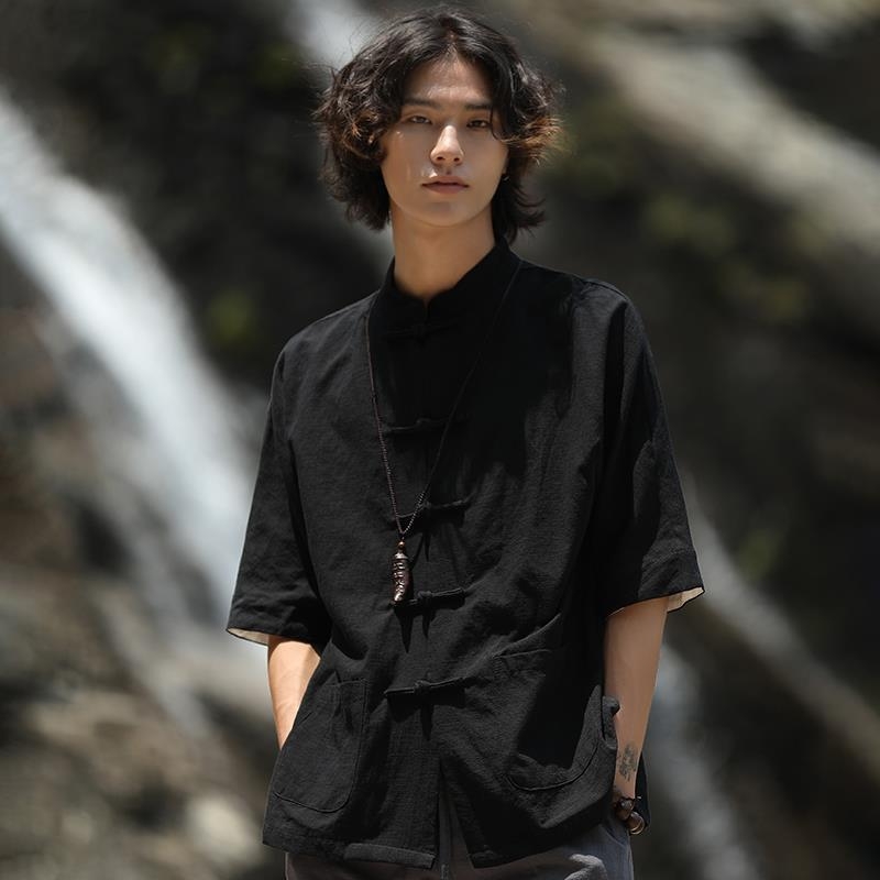 Férfi tang öltöny, divatmárka, retró, fiatalos, kínai stílusú, lenvászon ing, hét ujjú, pamut és lenvászon, kínai állványos gallérral, Zhongshan ing