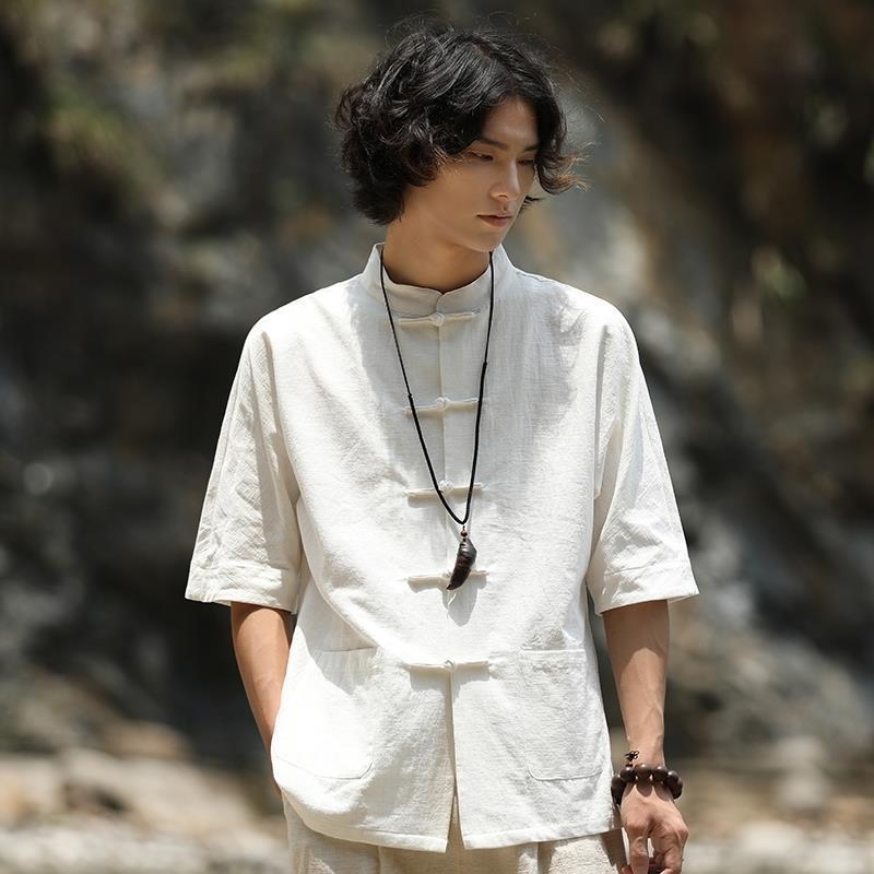 Férfi tang öltöny, divatmárka, retró, fiatalos, kínai stílusú, lenvászon ing, hét ujjú, pamut és lenvászon, kínai állványos gallérral, Zhongshan ing