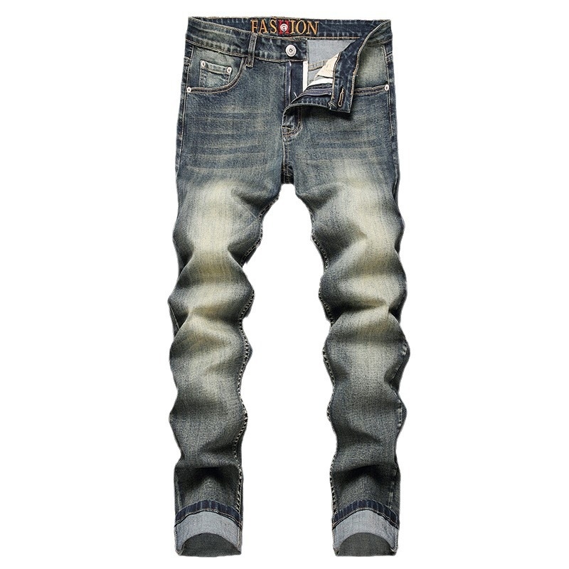 Határokon átnyúló farmernadrágok Trendi márkájú, karcsúsított, kis lábméretű, jellegzetes cipzáras, kézműves divatos retró férfi farmernadrág