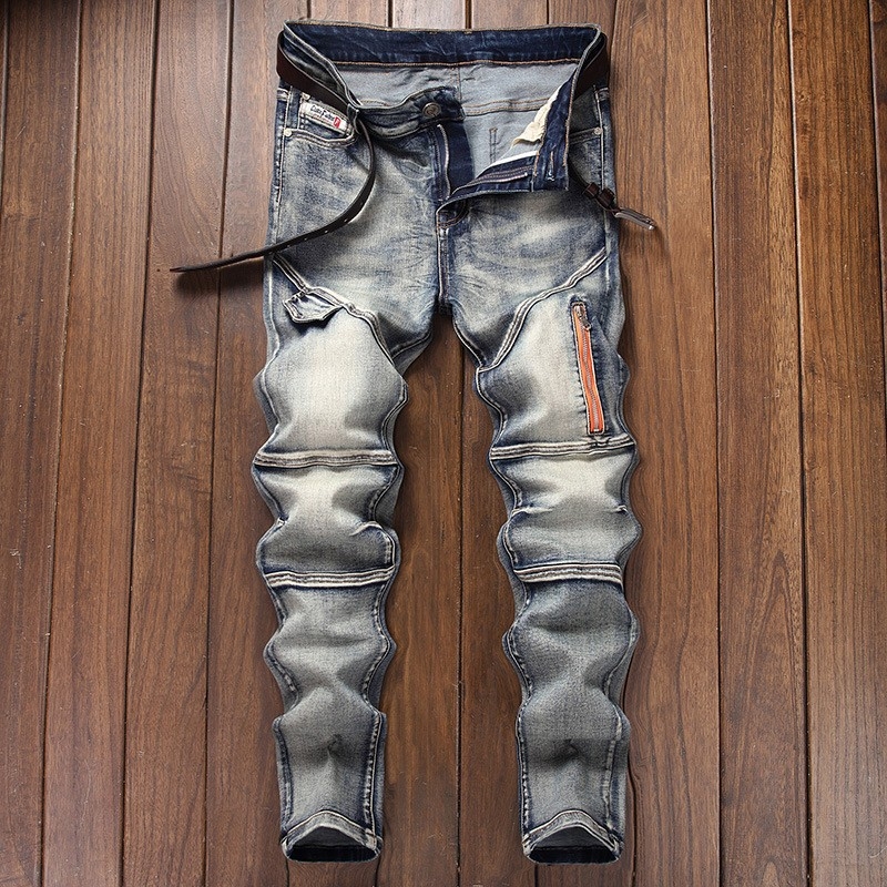 Határokon átnyúló farmernadrágok Trendi márkájú, karcsúsított, kis lábméretű, jellegzetes cipzáras, kézműves divatos retró férfi farmernadrág