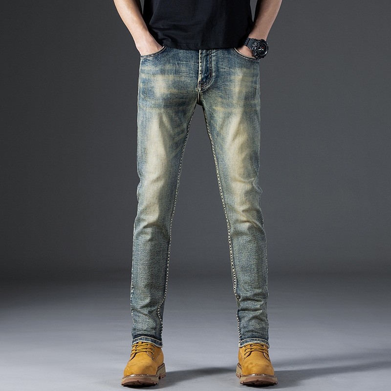 Határokon átnyúló farmernadrágok Trendi márkájú, karcsúsított, kis lábméretű, jellegzetes cipzáras, kézműves divatos retró férfi farmernadrág