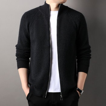Meeste väliskaubanduse sügis-talvine lukuga vertikaalsete ribadega kootud vabaaja kardiganjakk elastse lihtsa püstkraega paksendatud universaalse kampsuniga
