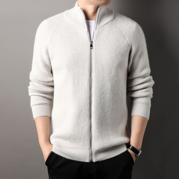Meeste väliskaubanduse sügis-talvine lukuga vertikaalsete ribadega kootud vabaaja kardiganjakk elastse lihtsa püstkraega paksendatud universaalse kampsuniga