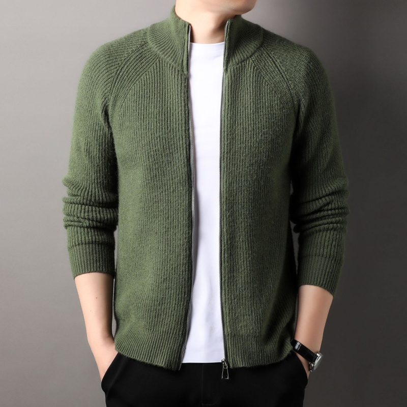 Meeste väliskaubanduse sügis-talvine lukuga vertikaalsete ribadega kootud vabaaja kardiganjakk elastse lihtsa püstkraega paksendatud universaalse kampsuniga