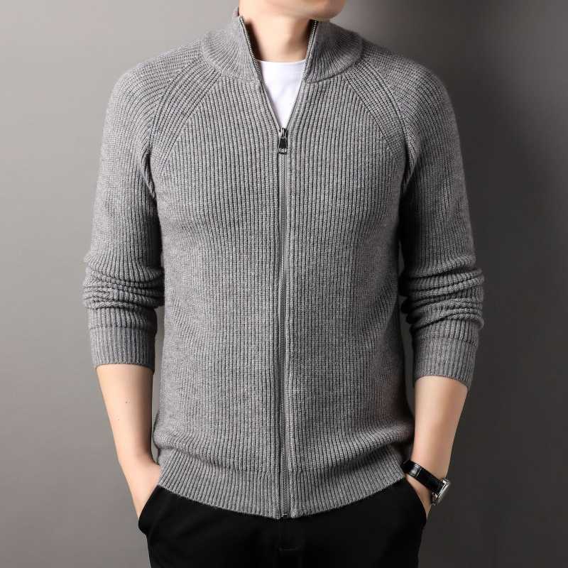 Meeste väliskaubanduse sügis-talvine lukuga vertikaalsete ribadega kootud vabaaja kardiganjakk elastse lihtsa püstkraega paksendatud universaalse kampsuniga