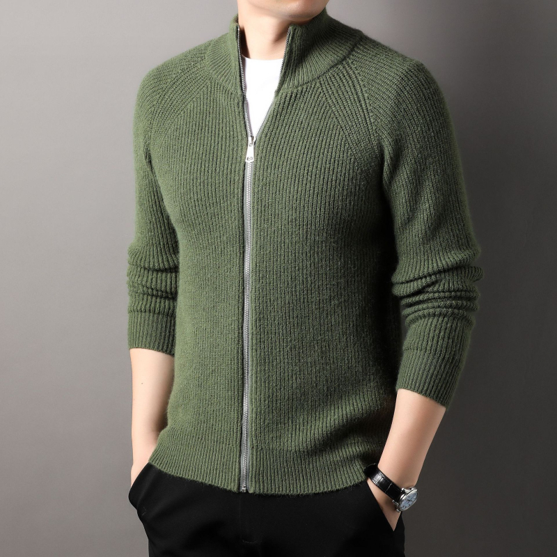 Meeste väliskaubanduse sügis-talvine lukuga vertikaalsete ribadega kootud vabaaja kardiganjakk elastse lihtsa püstkraega paksendatud universaalse kampsuniga