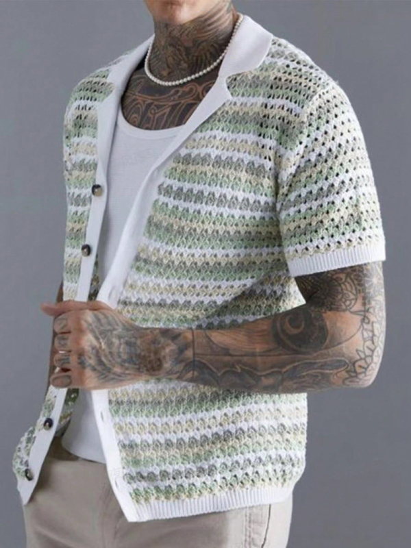 Férfi, havas mintás, kerek nyakú kardigán, rövid ujjú, lezser, üreges mintás, divatos felső. TEMU Xiyin Amazon kötött, kerek nyakú, rövid ujjú kardigán.