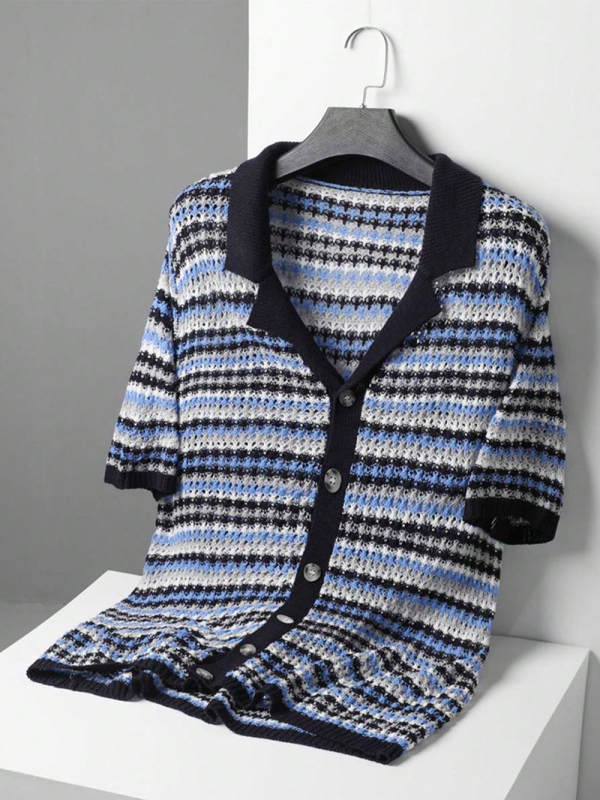 Férfi, havas mintás, kerek nyakú kardigán, rövid ujjú, lezser, üreges mintás, divatos felső. TEMU Xiyin Amazon kötött, kerek nyakú, rövid ujjú kardigán.