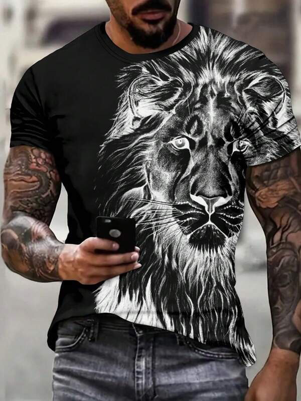 TEMU Amazon divatos férfi hétköznapi utcai viselet, kényelmes poliészter kerek nyakú, nyári