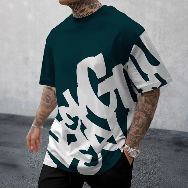 TEMU Amazon divatos férfi hétköznapi utcai viselet, kényelmes poliészter kerek nyakú, nyári