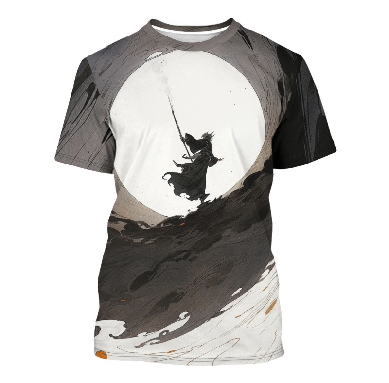 2024 új Amazon külkereskedelmi 3D digitális nyomtatású fekete stílusú elemes póló európai és amerikai divatos férfi