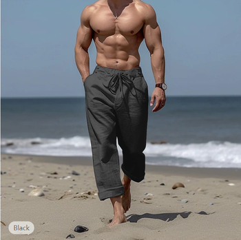 2024-es új pamut és lenvászon nadrágok húzózsinóros, zsebes, egyenes szárú, lapos, kockás, légáteresztő, kültéri, mindennapi, alkalmi, divatos