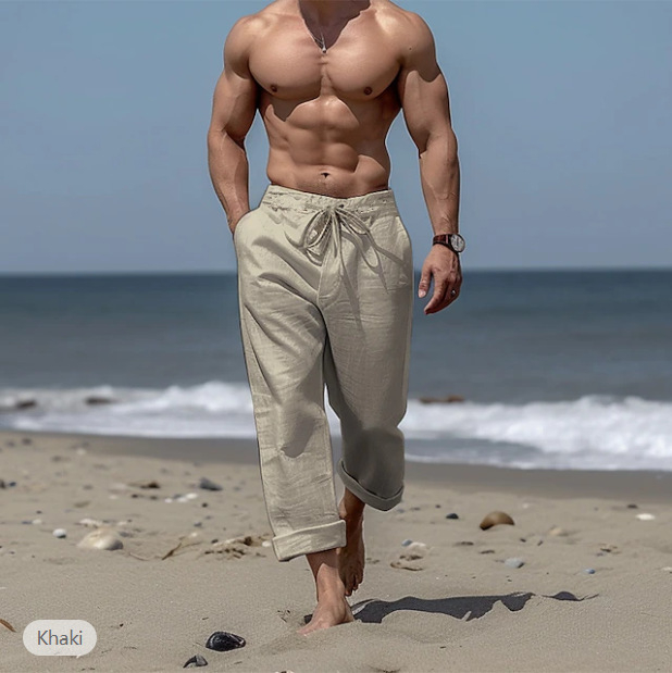 2024-es új pamut és lenvászon nadrágok húzózsinóros, zsebes, egyenes szárú, lapos, kockás, légáteresztő, kültéri, mindennapi, alkalmi, divatos