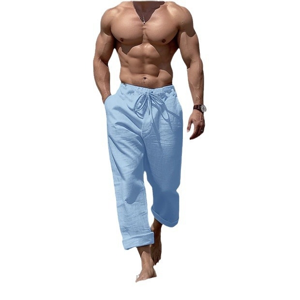 2024-es új pamut és lenvászon nadrágok húzózsinóros, zsebes, egyenes szárú, lapos, kockás, légáteresztő, kültéri, mindennapi, alkalmi, divatos