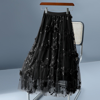 Tarpvalstybinis, karštai parduodamas siuvinėtas sijonas, elegantiškas vidutinio ilgio sijonas, trimatis gėlių rašto pramoninis tinklelis, mažas, šviežios fėjos sijonas
