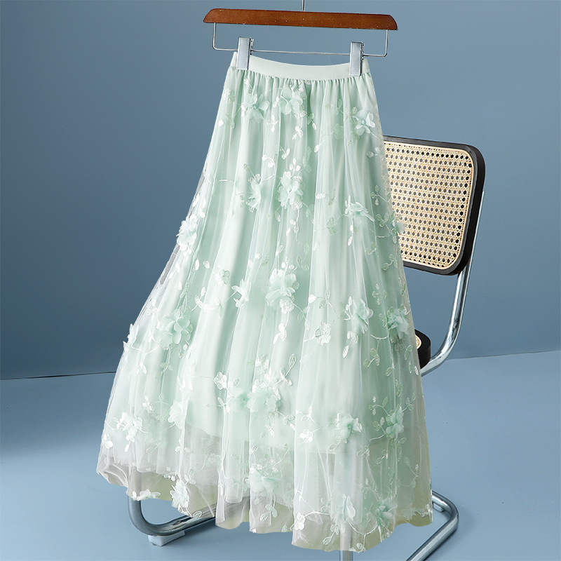 Határokon átnyúló, népszerű hímzett szoknya, elegáns, középhosszú szoknya, háromdimenziós virágmintás, nehézipari háló, kis friss tündérszoknya